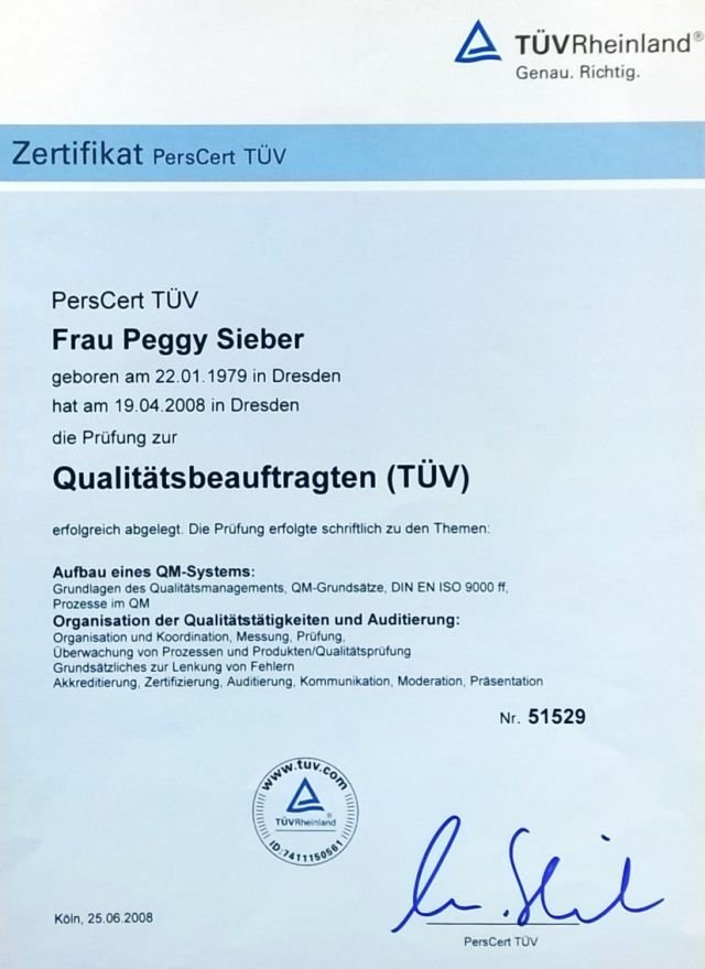 Zertifikat Peggy Sieber Qualitätsmanagerin QM-TÜV